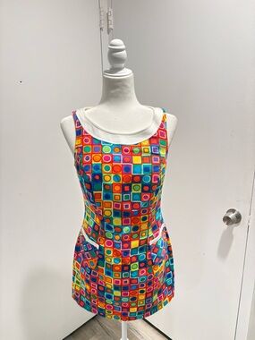Colorful geometric-print short A-line dress